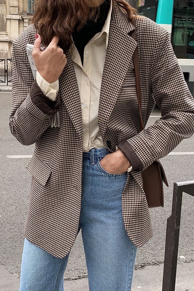 テーラードジャケット 千鳥格子 オーバーサイズ レディース フォーマルスタイル 秋冬 ブラウン ウッディーベース1号店