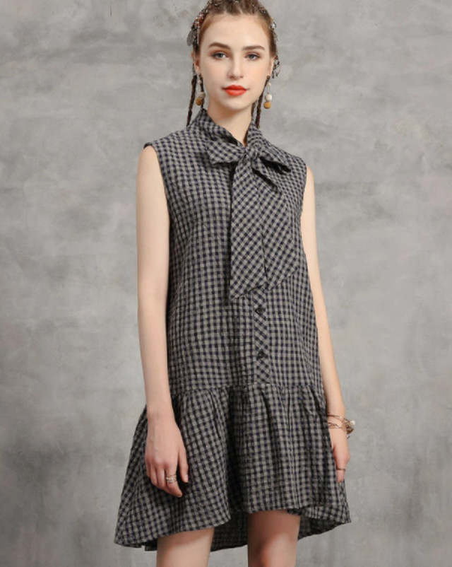 Top Mode ワンピース チェック柄 モノトーン ノースリーブ リボンタイ シンプル レディース 個性的 おしゃれ シック トレンド クール モダン カジュアル ワイルド モード系 Cool ブラック 黒 El 0036 Top Mode