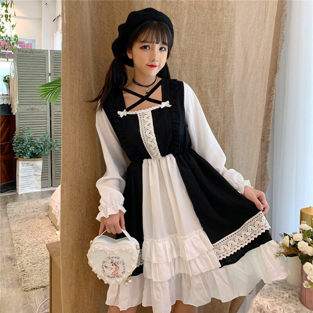 バイカラー クロス ワンピース 長袖 無地 ブラック レトロ ガーリー ロリータファッション Lolita 1130 Sweet Closet