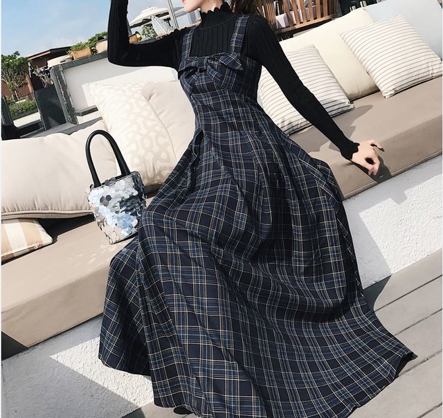 ニット チェック ジャンパースカート セットアップ マキシ丈 スカート Aライン ワンピース 秋冬 レディース J Aeka Clothet
