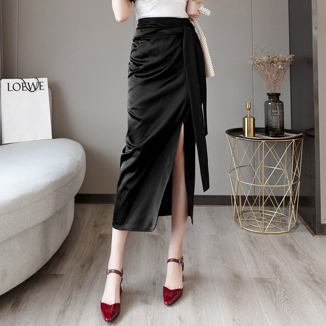 タイトスカート スカート スリット入り タイト サテン エレガント セクシー 夏 デート 女子会 韓国 オルチャン 韓国レディースファッション通販 ポワン