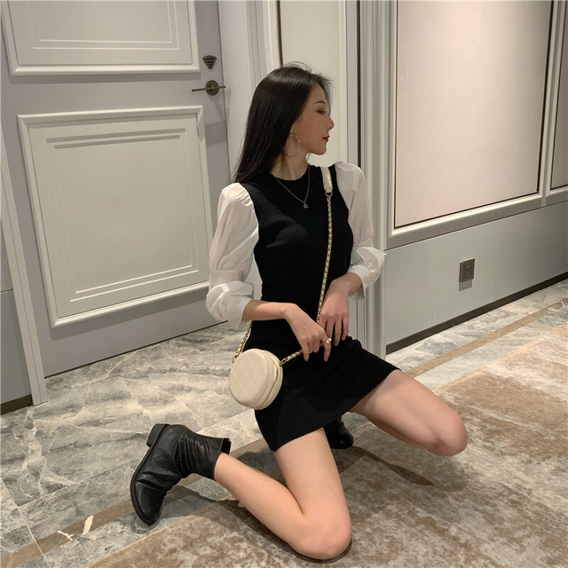 ワンピース ドレス シャツワンピース ニットワンピ 異素材mix ブラック ミニ ショート丈 ボリューム袖 長袖 秋 冬 大きいサイズ10代 代 30代 Ptngt0652 Shop Suba