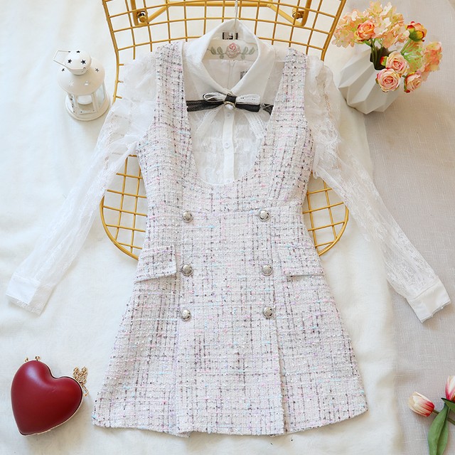ツイードワンピース ブラウスセット レース セット ワンピース風 ノースリーブ ツーピース スカート ミニ丈 上品 エレガント 可愛い キュート 大人 長袖 白 ホワイト 秋冬 ウッディーベース1号店