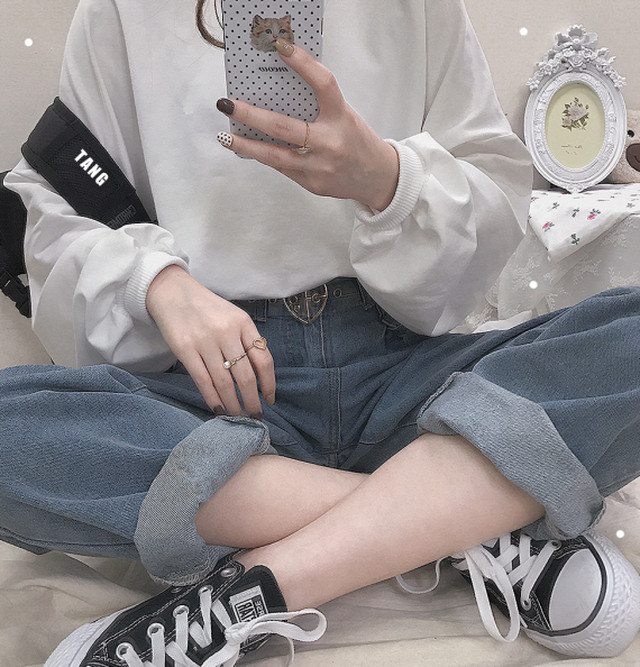 ヴィンテージ感 デニム ワイドストレートパンツ ゆったり ボーイズデニム ハイウエスト 脚長効果 古着感 レトロ カジュアル ガーリー More Lluze モア ルーゼ