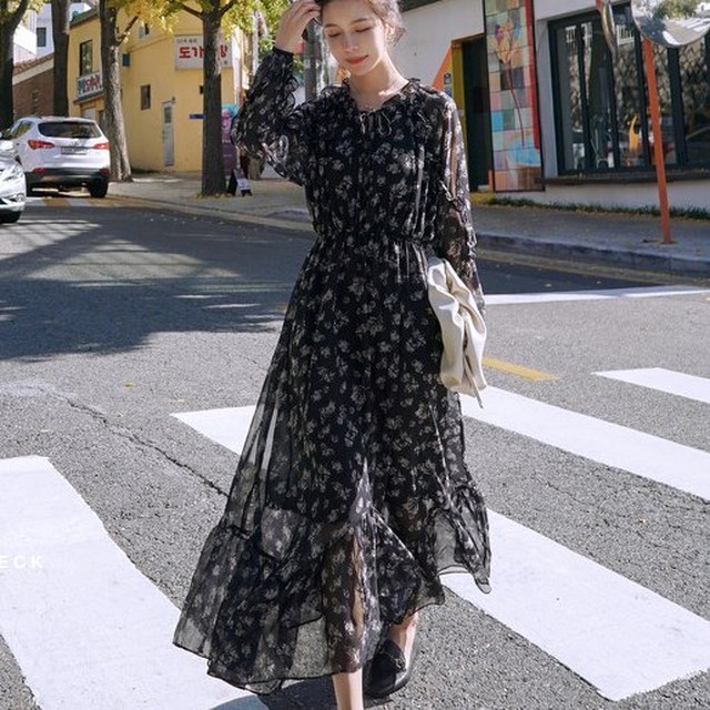 花柄ワンピース 大人 シースルー 春ワンピース 春 ロングワンピース フレア フリル 長袖 ロング丈 透け 大人可愛い 春服 韓国 21年 お呼ばれ 大人 上品 きれいめ 大人ワンピース Rx1027 Raxia ラクシア