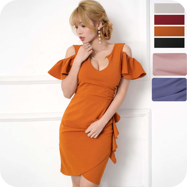 Love Rich ワンピース Fサイズ サイドフリル オープンショルダー デコルテプレート キャバドレス 6カラー Dressdore ドレスドレ キャバドレス専門