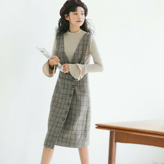 モテ可愛トラッドスタイル グレンチェック柄ベスト風ロングワンピース Girl Top