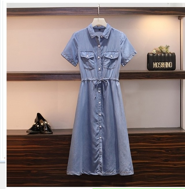 夏物ワンピース デニムワンピース 半袖 レディース シャツワンピ ロング丈 デニム 半袖ワンピース 女性用 夏物 薄手 ウエスト調整可 ロン Basecamp49