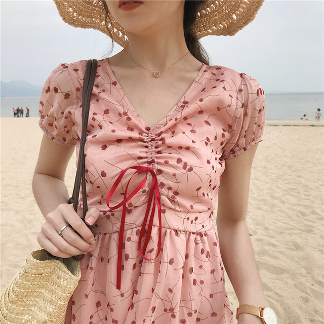 人気 韓国スタイル サマードレス チェリーピンク ワンピース Xu クロスユー