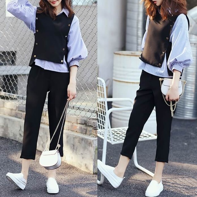 セットアップ 韓国 レディース 40代 スカート コーデ スーツ 30代 代 ブラウス ベスト パンツ 九分丈 七分袖 ストライプ 無地 パフスリーブ ストレートパンツ ツーピース 大人 可愛い Dress Plaatje