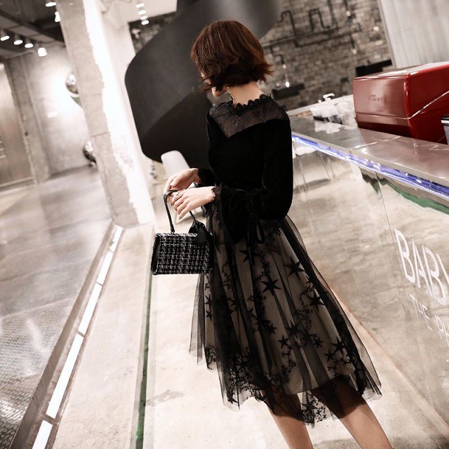 パーティドレス ミモレ丈 チュール ワンピース 長袖 レース 星型 リボン ブラック 結婚式 二次会 お呼ばれ 謝恩会 記念日 パーティー S217 Kireina Dress キレイナ ドレス