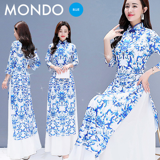 チャイナドレス アオザイ ドレス ワンピース ロング 大きいサイズ S M Lサイズ ブルー マキシ 長袖 ７部袖 ワンピース 衣装 チャイナ服 チャイナドレス セクシーチャイナ服 二胡 演奏会 発表会 結婚式 コスプレ ドレス パーティ クリスマス Ca1939 Mondo Shop 今