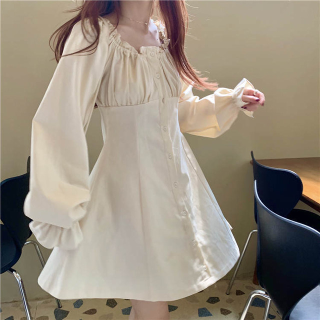 ミニワンピース 2way ガーリー レトロ オフショルダー 切替 無地 ハイウエスト ミニ丈 フレア ワンピース シャーリング バルーン袖 フィット フレアー 代 30代 春 秋 冬 Tk341 Sunny Place