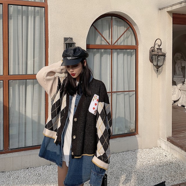 異素材mix デニムジャケット ロング丈 ゆったり ニットカーディガン 派手 個性派 古着 プリント 長袖 ドッキング アウター 羽織り レディース Ptnym2674 Shop Suba