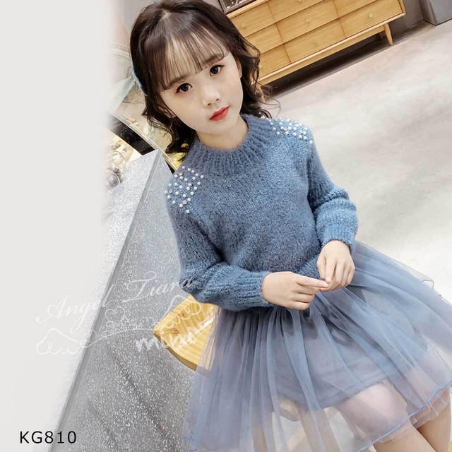 子供服 キッズ 女の子 ワンピース ニット チュール ニットワンピ ワンピ チュールスカート 長袖 ブルー ピンク Kg810 Angel Tiara 子供服