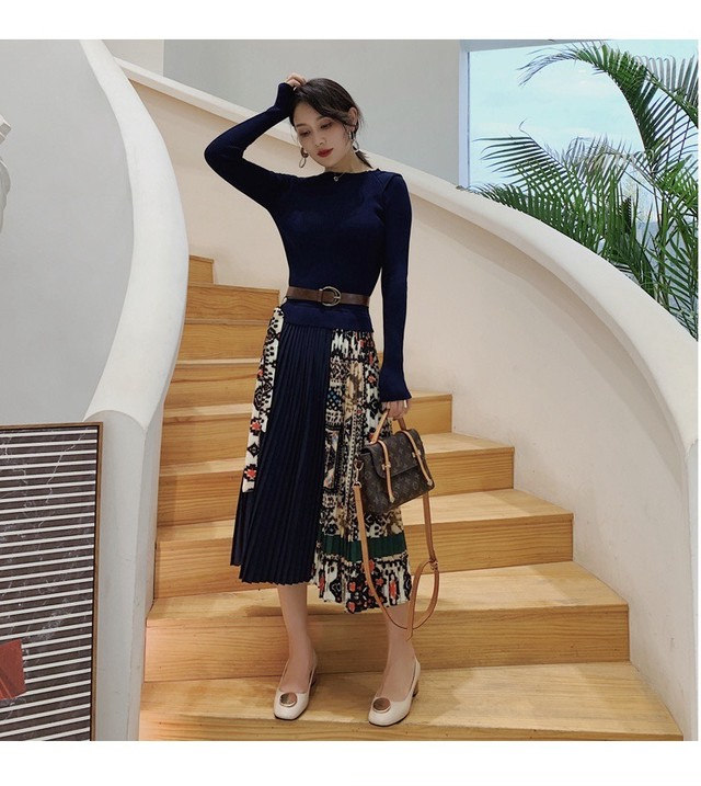 予約商品 スカーフ柄 ニット プリーツ ワンピース 3color 4size Moanta Selectshop