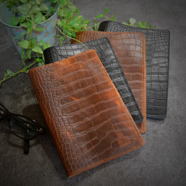 B6手帳カバー ブラック イタリアンレザー クロコ型押し スプリット オイルレザー メンズ Giuzin