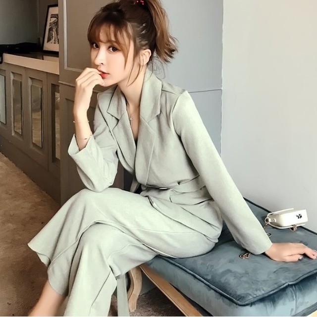 全３色 ツーピーススーツ セットアップスーツ パンツスーツ ジャケット ワイドパンツ ウエストマーク 無地 春夏 通勤 Ol Dressarroser