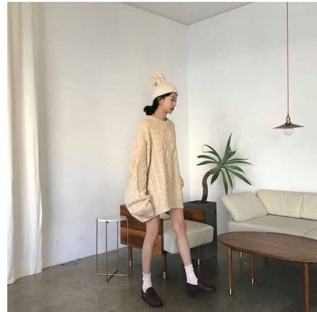 ニットワンピース 韓国 秋 冬 韓国 ファッション レディース トップス ニット セーター 秋 冬 カジュアル 北欧風 模様編み ビッグシルエ Basecamp49