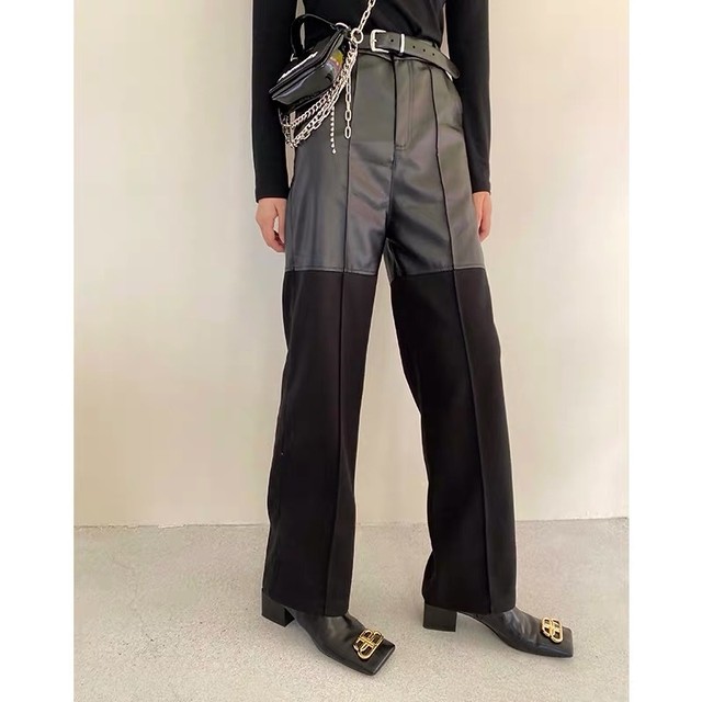 half leather loose pants