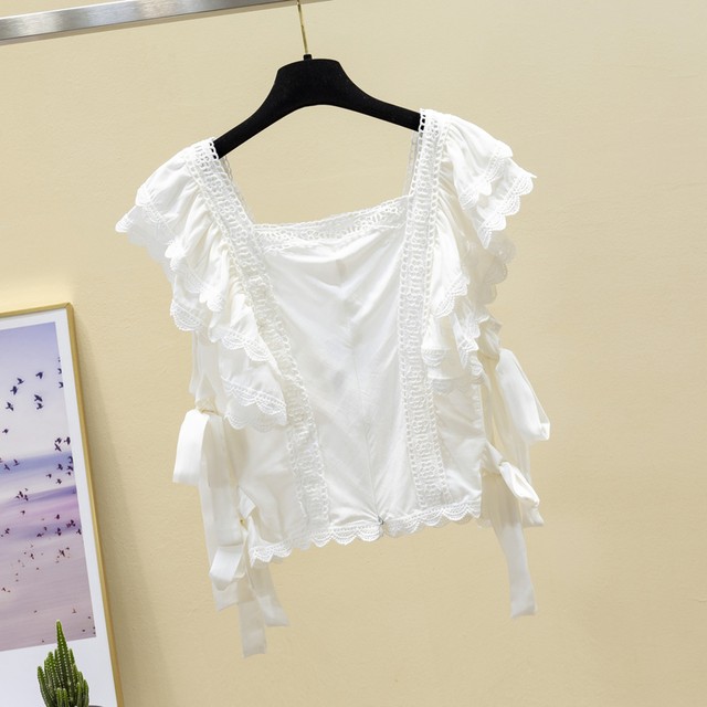 ノースリーブ フリルレース 白ブラウス 肩レース トップス レディース レース ブラウス フリルブラウス ラッフルスリーブ フリル袖 上品 ショート丈 リボン Officewalaa オフィスワラア レディースファッション スタイル