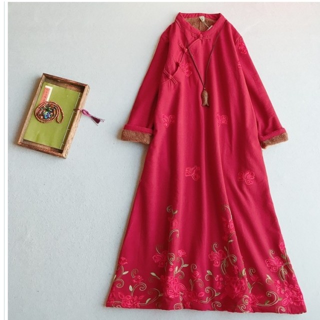 セレブ風 ワンピース チャイナ風ワンピース チャイナドレス チャイナ風服 女子会 同窓会 普段着 中華服 ロング丈 厚て S M L レッド 赤い Basecamp49