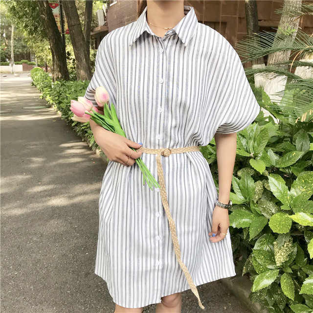 さわやか ストライプ シャツ ワンピース 半袖 グレー アプリコット 穴あき レディース Aeka Clothet