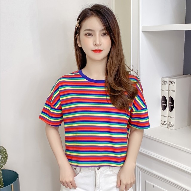 全2色 マルチボーダーバックリボンtシャツ ショート丈 カジュアル ラウンドネック 春夏 お出かけ デート 女子会 デイリー 半袖 Arroser