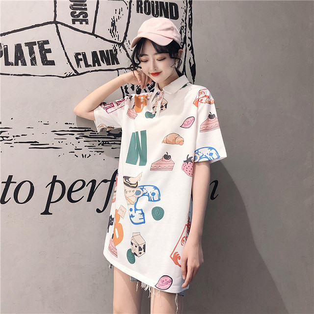 即納 ポロシャツ ロング丈 ロゴ 襟付き Tシャツ 半袖 チュニック ミニワンピース プリント カットソー レディース トップス 白 ホワイト Ns 0329 Daily Closet