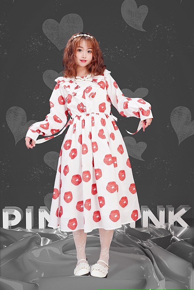 先着 ゆったり ガーリー 可愛い ハート マキシ 赤 ワンピース 水色 ワンピース Loveysmileshop