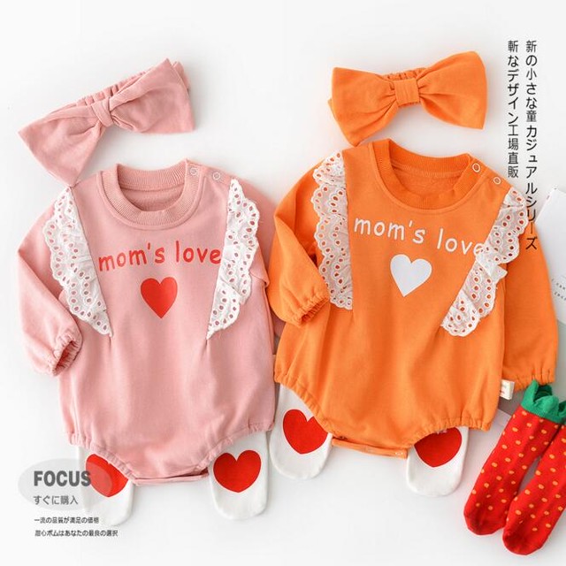 女の子 フリル ロンパース 長袖 ヘアバンド付き 2点セット 春 秋 2色 Dyh海外子供用品