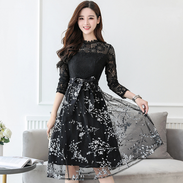 即納 Mホワイト 花柄 ブラックレース フォーマルドレス エレガント セレブファッション 袖あり ワンピース ミモレ丈 結婚式 お呼ばれ Fashionlover