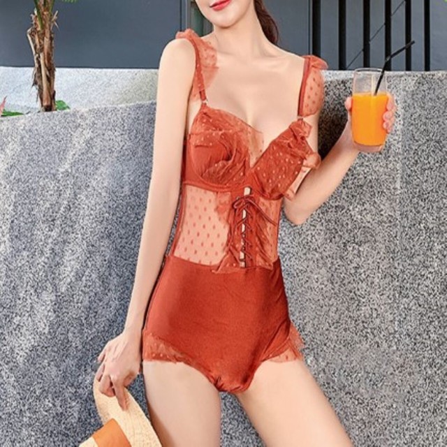 水着 体型カバー ワンピース レース シースルー 水玉 大人可愛い おしゃれ リゾート ビーチ プール Gratias