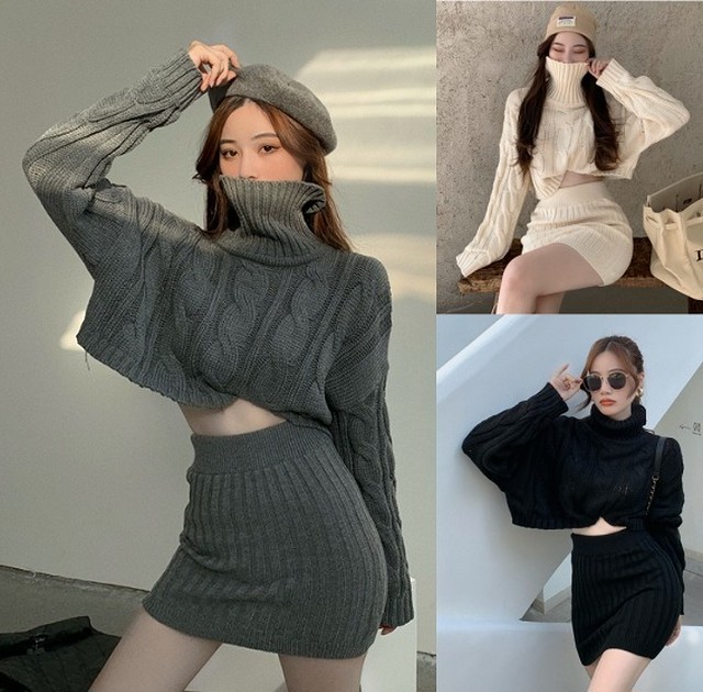 3color ショート丈ニットトップス ミニスカセットアップ Loner Select 韓国ファッション 海外ファッション セクシーコーデ ギャル服