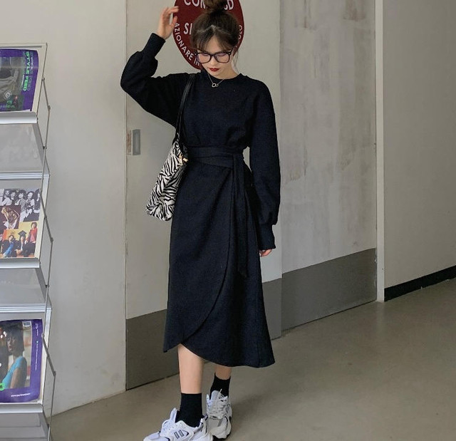 ワンピース ロング 長袖 春 韓国 ファッション レディース ハイウエスト フレア アシンメトリー リボン カジュアル ガーリー 大人可愛い 春 新作 Cocotown