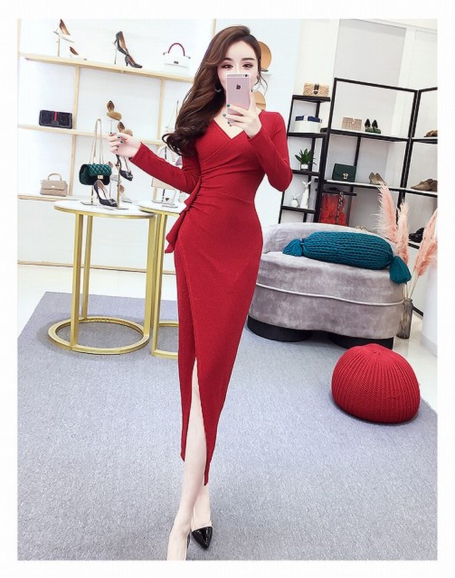 パーティドレス ワンピース きれいめ レディース 30代 結婚式 韓国 代 30代 50代 ミモレ丈 スリット 長袖 無地 Vネック タイト 大人 ワンピの里