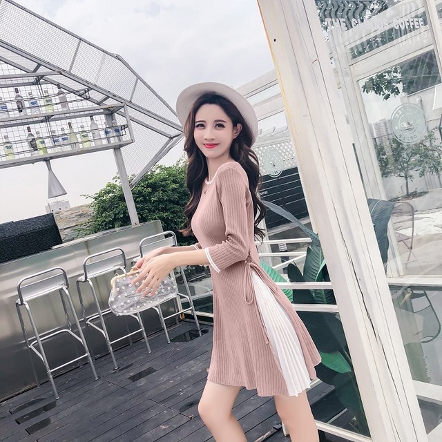 ワンピース ミニワンピース チュニックワンピース サイドスリット サイドプリーツ リブニット サイドリボン Aライン フレアライン レディース 1518 Sayurio レディースアパレル ファッション プチプラ アラサー アラフォー