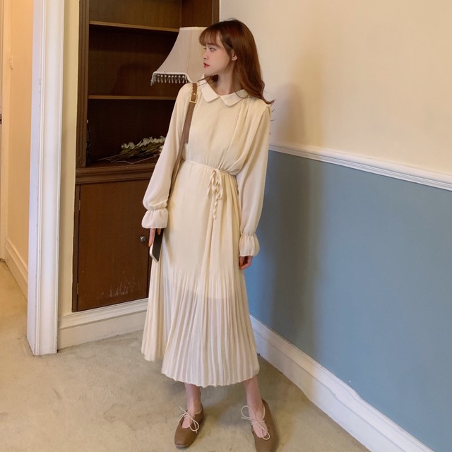 清楚系 ひざ丈ワンピース シフォンワンピース プリーツ フェミニン レトロ ガーリー レディース ワンピース きれいめ シンプル 春秋 長袖 オルチャン デイリー 着回し 10代 代 Ptnym2919 Shop Suba
