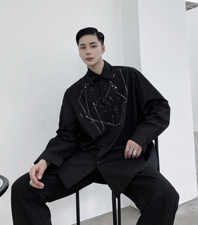 Top Mode ペイントシャツ シャツ ロングシャツ モード系 個性的 メンズ レディース ユニセックス ブラック 黒 ユニセックス 大人可愛い ゆったり かわいい 七分丈 モダン 春夏 着痩せ効果 大人カジュアル かっこいい Les24 Top Mode