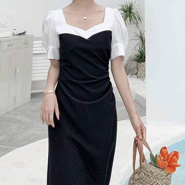 No 5 レディース パフスリーブ タイトワンピース スクエアネック スリット 上品 エレガント お呼ばれ おしゃれ 韓国ファッション 韓国のプチプラレディース 子供服ショップ Sourire