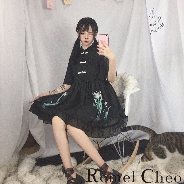 Romelcheo チャイナシースルーワンピ モノクロ チャイナ服 レディース 花柄刺繍 原宿系 かわいい ロリータ 青文字系 アジアン ガーリー フレアーワンピ エスニック フラワープリント 黒 白 モード系 モノトーン ロメルチェオ Romelcheo