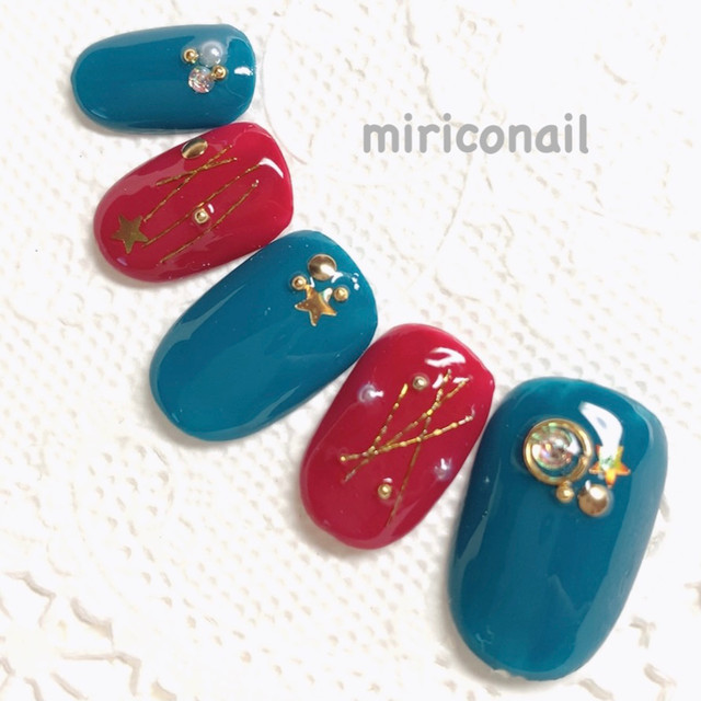 完成品ネイルチップ ブルーグリーン ワインレッドネイルチップ 癒しのネイルチップmiriconailミリコネイル