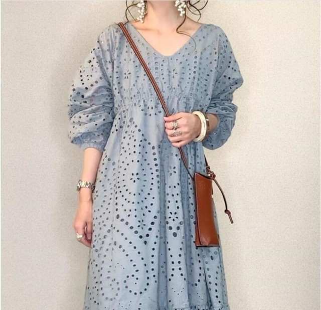 Dress 絶対流行 パフスリーブvネックレースデートワンピース 爽やかな印象 Nanastyle