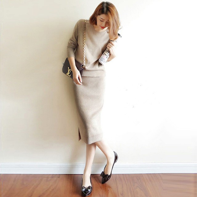 予約販売 セットアップ レディース スカート ミドル丈 スカートスーツ タイトスカート ウール ニット ウールニット スリム 長袖 無地 ベージュ ブラック グレー 秋冬 通勤 Ol おしゃれ Favoriteselect