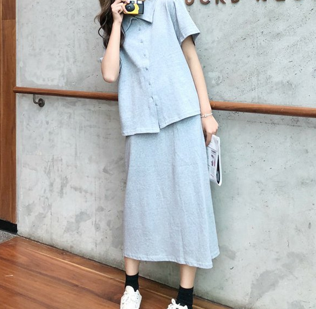 休日コーデ シャツワンピ風 セットアップ シンプル 無地 半袖シャツ ロングスカート セットアップ レディース 春新作セットアップ セットアップ 春 セットアップ 夏 上下セット リラックスコーデ カジュアル きれいめ 通勤 通学 デイリー 韓国 オルチャン 韓国