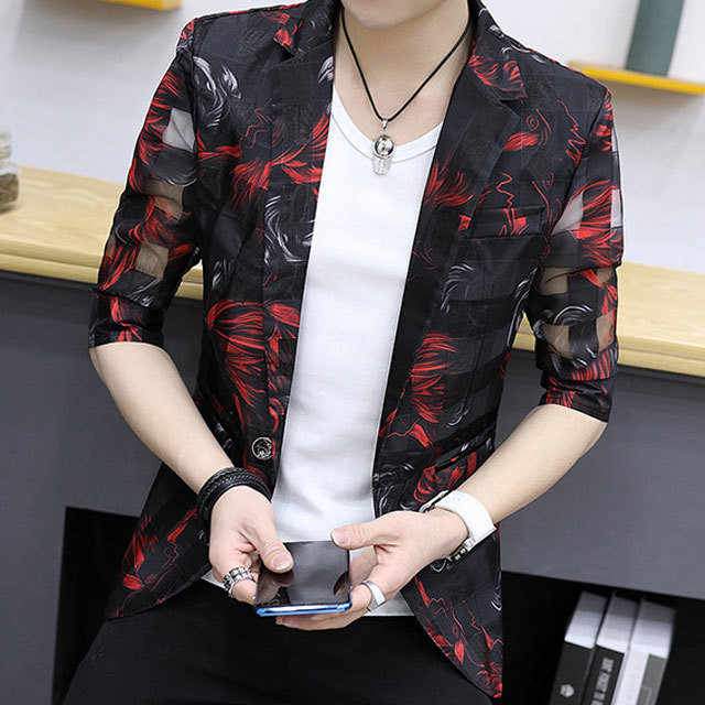 テーラードジャケット 鳳凰柄 サマージャケット メンズ 7分袖 A N Skinny