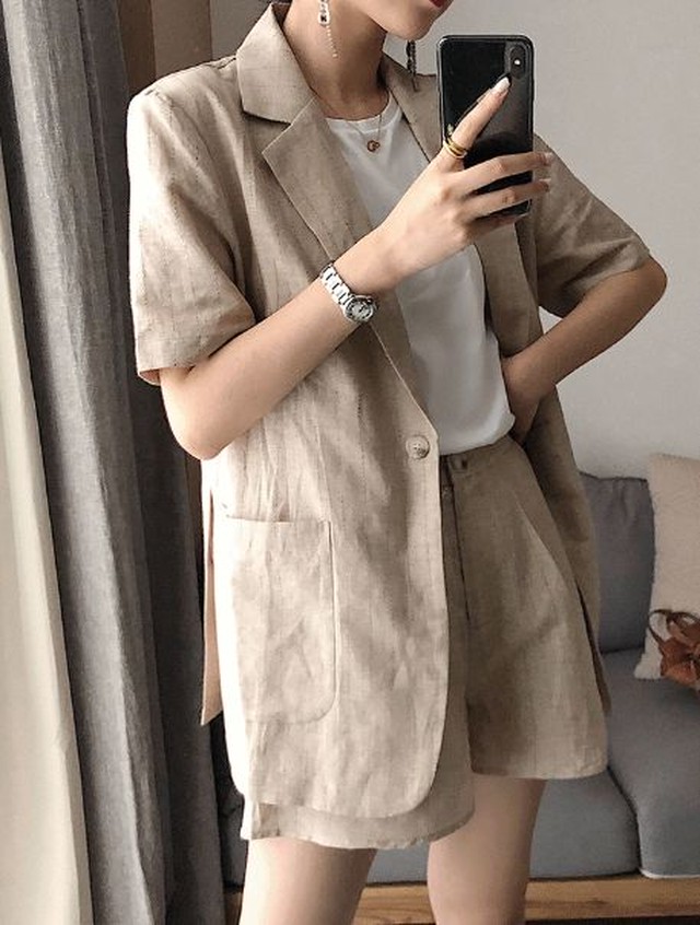セットアップ レディース 40代 韓国 スーツ スカート コーデ 30代 ツーピース ジャケット ショートパンツ リネン ナチュラル シンプル 夏 半袖 代 デート 女子会 おしゃれ 大人 可愛い Dress No Sato