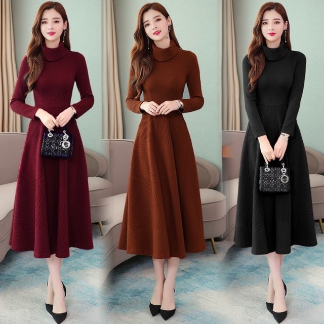 ニット ワンピース ドレス ハイネック 襟付き 長袖 シンプル 上品 清楚 Aライン ミモレ丈 フォーマル パーティー Fashionlover