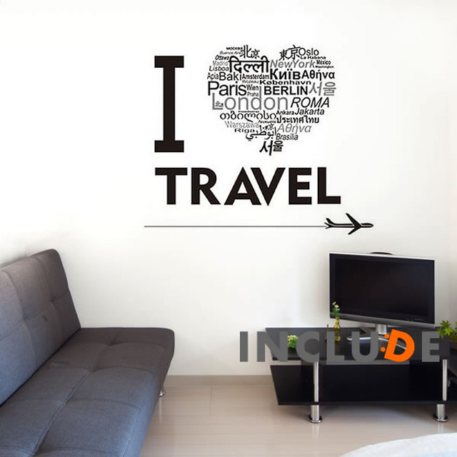 ウォールステッカー トラベル 旅行大好き I Love Travel 東京 ベルリン ロンドン パリ ロゴ 首都 飛行機 行ってみたい ハートマーク 旅行代理店 Kabe Kawaii