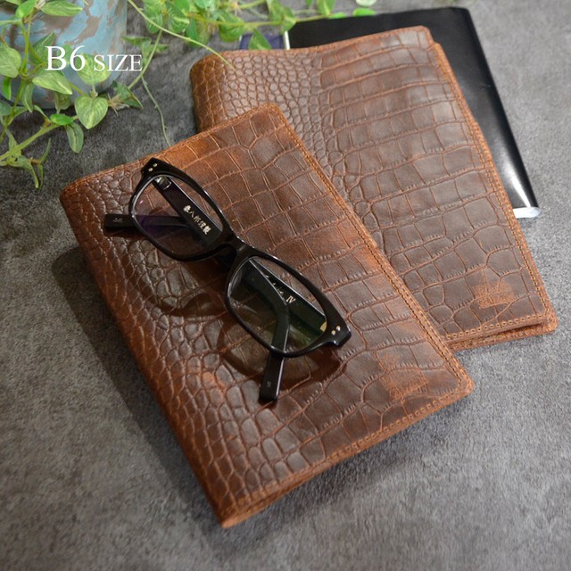 ｂ６手帳カバー ブラウン イタリアンレザー クロコ型押し スプリット オイルレザー メンズ Giuzin